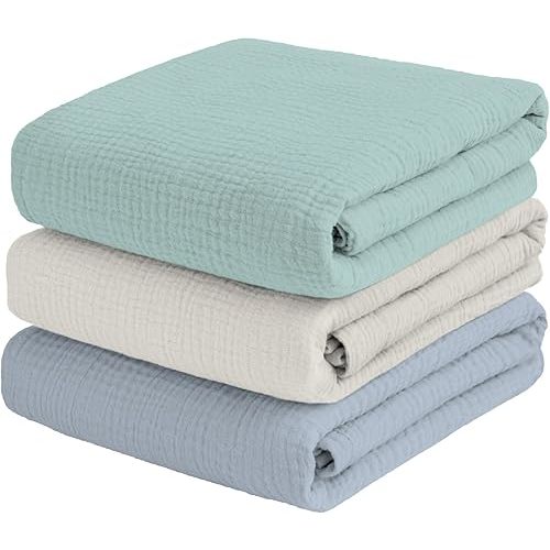 Muslin Swaddle Blankets for Baby Boy - 3 Pack 47x47 Inch Large Receiving Blankets, Soft Breathable Cotton Nursery Swaddles for Newborn, Infant & Todler (Sage Green, Cream White, Blue)