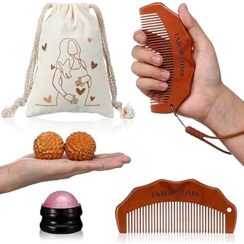5 Pcs Birthing Comb Gifts Set Includes Wooden Labor Comb Massage Roller Ball Acupressure Massage Ball Canvas Bag for Pregnant Women Labor Pain Relief Essentials New Mom Encouragement Gifts