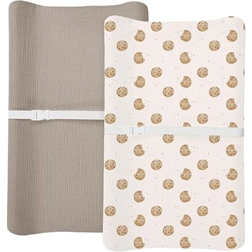Changing Pad Cover for Baby Boy Girl 2 Pack, Muslin Changing Table Pad Covers with Boho Style, Neutral Nursery Bedding Essentials Soft and Breathable (Cookie & Light Khaki)