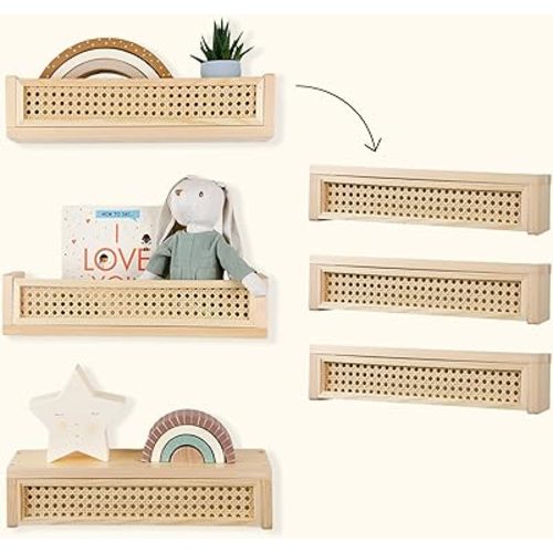 Rattan Shelf 3 Pack, 16 inch Nursery Shelves for Wall, Rattan Decor Boho Shelves, Rattan Bookshelf for Nursery, Floating Book Shelves for Wall, Nursery Shelf, Nursery Book Shelves, Rattan Wall Shelf