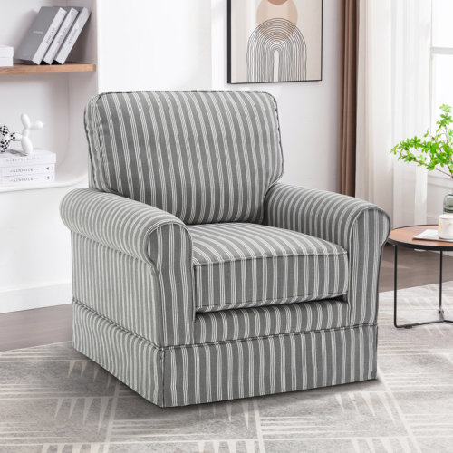 33.1" W Modern Soft Wide Upholstered Striped Swivel Arm Accent Chair