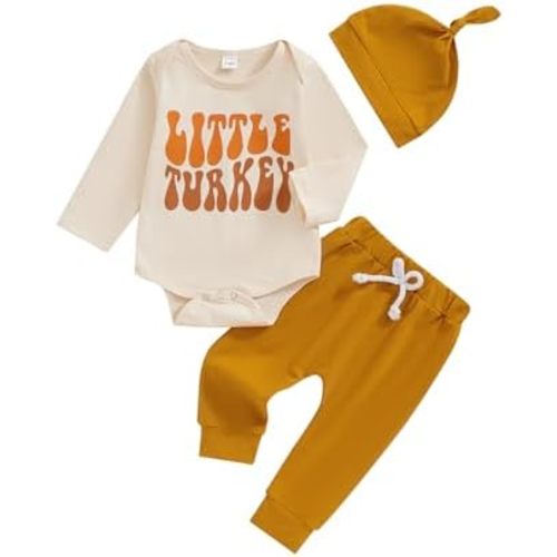 Sasaerucure Infant Baby Boy Thanksgiving Outfits Long Sleeve Onesie + Pants + Hat 3Pcs Set Baby Boy Turkey Clothes