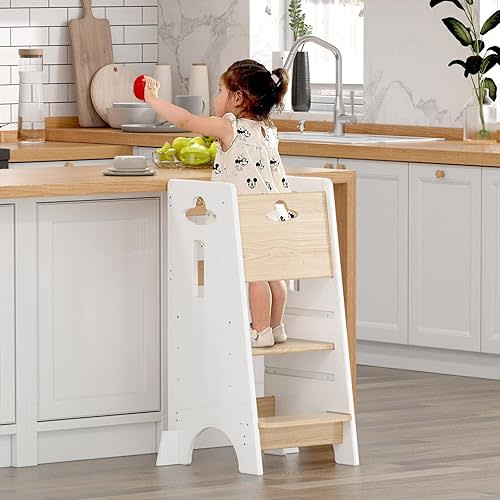 COSYLAND Toddler Standing Tower Adjustable Height - Super Stable Kids Kitchen Stool Helper - 3 Levels Adjustable Wooden Toddler Kitchen Stool (Natural & White)