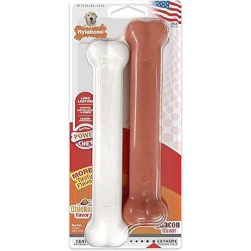 Nylabone Power Chew Classic Bone Chew Toy for Dogs, Durable Dog Toys for Aggressive Chewers, Chicken Flavor, Large/Giant - Up to 50 lbs. (2 Count)