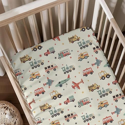 Cartoon Car Plane Train Stars Pattern Baby Sheets for Crib, Unisex Transportation Nursery Fitted Bed Sheet for Boys Girls Standard Crib and Toddler Mattress-28x52