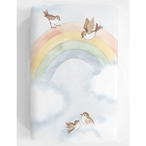 Mini Crib Sheet, Pack n Play or Playard Crib Sheet by Rookie Humans: 100% Cotton Sateen. Use as a Photo Background for Your Baby Pictures. Fits Mini Crib Size (38x24 inches) (Rainbow & Birds).