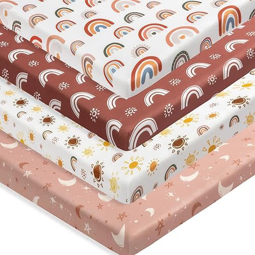 Jola's House 4 Pack N Play Sheets Mini Crib Sheets Boho Nursery Sheets Sunshine and Rainbow Desdign Neutral Unisex Fitted Baby N Play Sheets Mini Crib Sheets for Baby Boys or Girls (N Play Sheets)