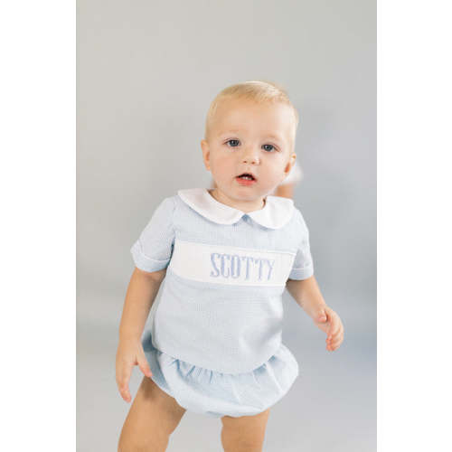 Small blue gingham custom smock BOY diaper set