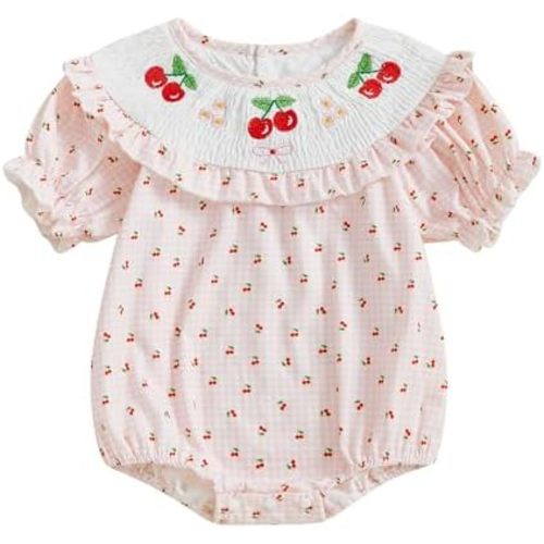 Infant Baby Girl Summer Smocked Outfit Cherry Embroidery Plaid Smocked Bubble Romper Toddler Ruffle Clothes