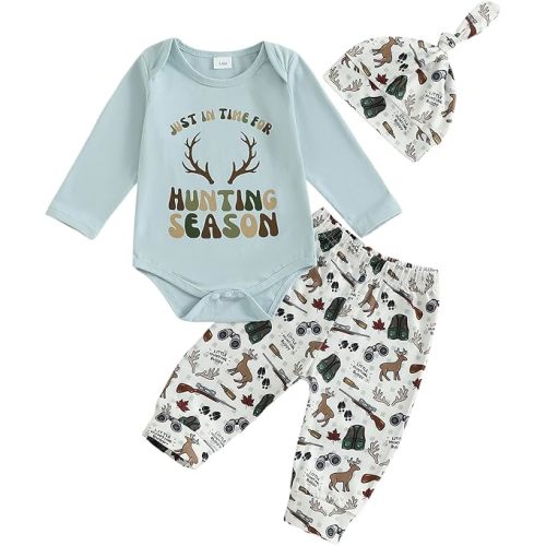 BULINGNA Newborn Baby Boy Daddy's Hunting Buddy Outfit Long Sleeve Bodysuit Romper with Pants Hat Hunting Season Clothes