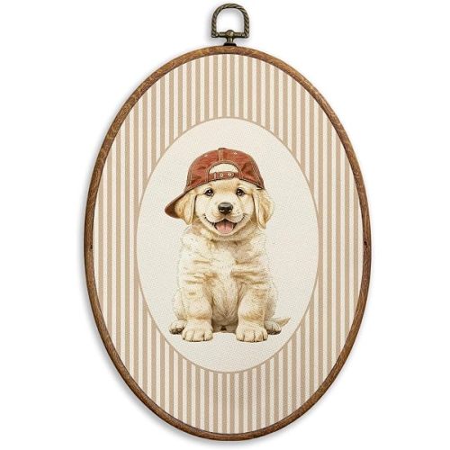 SONMYSULIL Baby Golden Retriever Nursery Wall Art Decor, Kids Room Oval Wall Hanging Decor, Golden Retriever Gifts Framed Canvas Prints for Kids Boy Girl Nursery Bedroom Playroom, 8.6x11.4 Inch