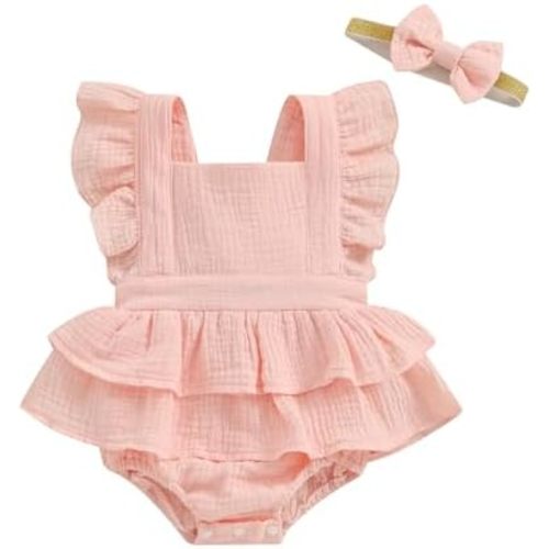 MERSARIPHY Newborn Baby Girl Summer Outfit Linen Ruffle Bubble Romper Dress One Piece Bodysuit Jumpsuit Infant Summer Clothes