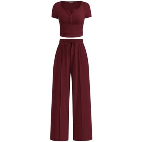 PRETTYGARDEN Womens 2 Piece Outfits Summer 2025 Ribbed Knit Button Short Sleeve Tops Casual Wide Leg Pants Lounge Sets