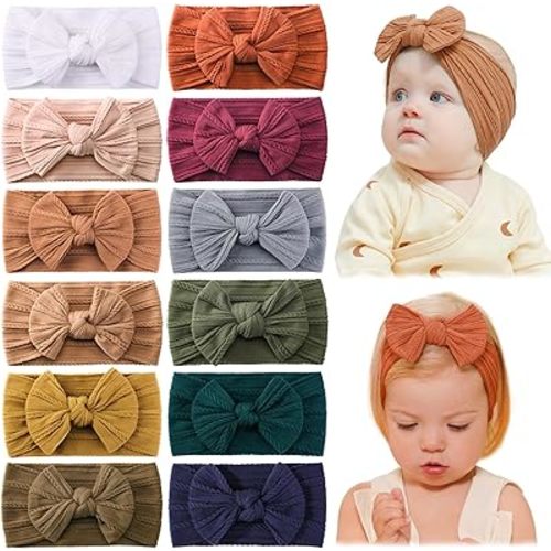 jollybows 12pcs Baby Girls Nylon Headband with Bow Newborn Hairbands Infant Hair Bow Elastics Handmade Hair Accessories for Toddlers Kids
