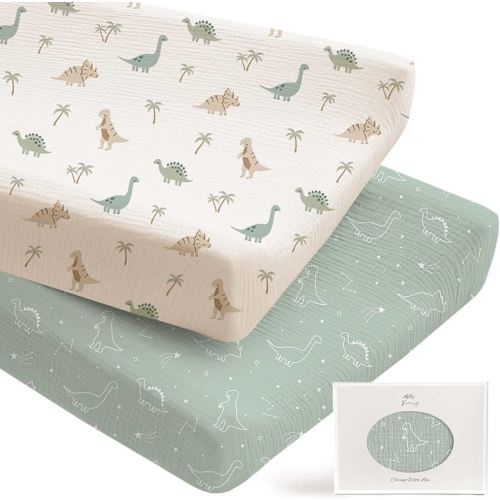 Konssy 2 Pack Muslin Changing Pad Covers for Boys, Ultra Soft & Breathable Cotton Baby Diaper Changing Table Covers, Neutral Nursery Diaper Changing Pad Sheets (Dino Jungle,Sage Dino
