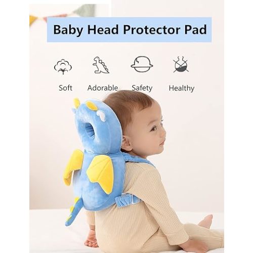 Toddler Baby Head Protection Cushion Backpack Wear,Blue Dinosaur