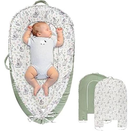 Baby Lounger Cover for Boys Girls, Reversible Baby Nest Cover, Adjustable Baby Lounger Replaceable Cover for Infant Newborn, Portable and Machine Washable, Cotton Green Rabbit Cover