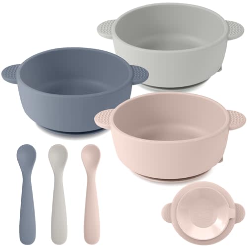 Eascrozn Silicone Baby Feeding Set, 3 Pack Baby Bowls with Suction and 3 Pack Baby Spoons for Babies Toddlers Kids, BPA Free, Baby Utensils Feeding Supplies, Microwave and Dishwasher Safe