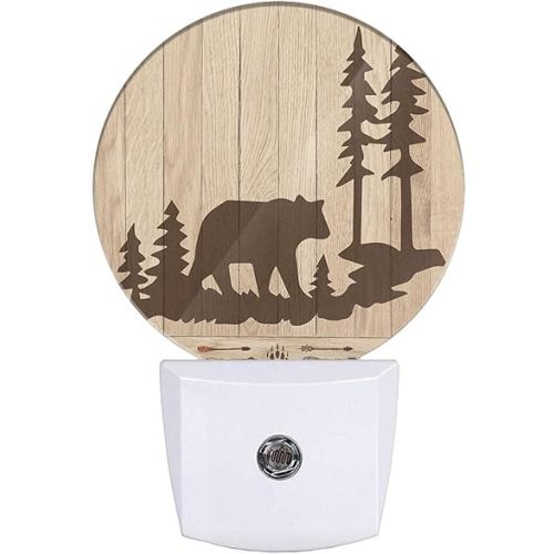 Bear Night Lights Plug into Wall Wildlife Cute Brown Bear Trees Woods Silhouette Night Light Dusk to Dawn Sensor LED Lighting for Bedroom Bathroom Living Room
