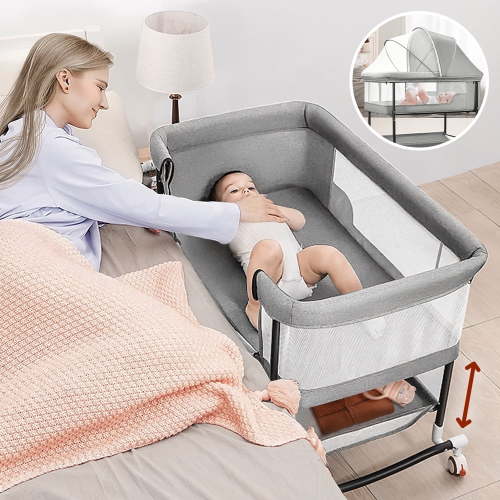 Bedside Bassinet, 4 in 1 Portable Rocking Bassinet for Baby Newborn with Mattress & Diaper Pad, Grey