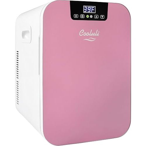 Cooluli 20L Mini Fridge For Bedroom - Car, Office Desk & College Dorm Room - Glass Front & Digital Temperature Control - Small 12v Refrigerator for Food, Drinks, Skincare, Beauty & Breast Milk (Pink)