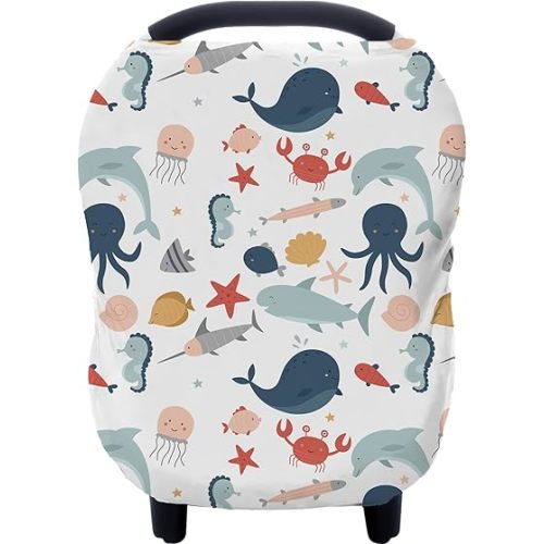 Carseat Cover Boy and Girls - Multi-use Nursing Car Seat Canopy Cover for Breastfeeding, Infant Stroller Cover, High Chair Cover (Cute Fish)