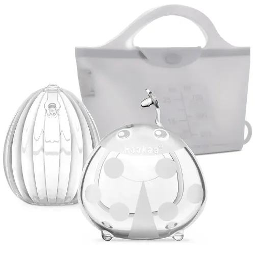 haakaa Milk Collector Set - 75ml Shell Pump, 75ml Milk Collector & 750ml Steriliser Bag - Hands-Free Wearable Breast Pump, Passive Silicone Milk Catcher for Breastfeeding Mom