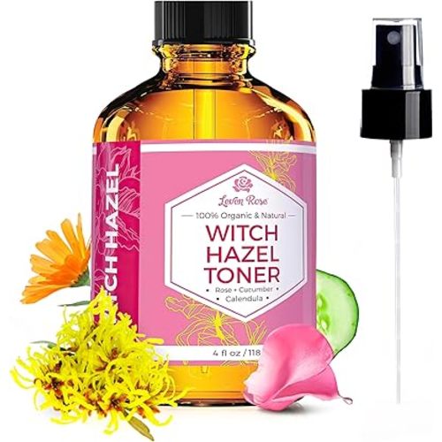Witch Hazel Alcohol Free Toner by Leven Rose, 100% Pure Organic Facial Rose Water with Rose Petals, Calendula, Cucumber, and Chamomile Flower 4 oz