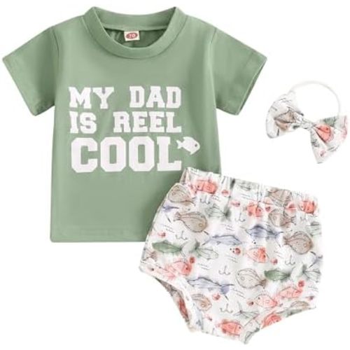 Baby Girl Summer Fishing Outfits My Dad Is Real Cool Short Sleeve T-Shirt Tops and Fish Pattern Shorts Headband Set