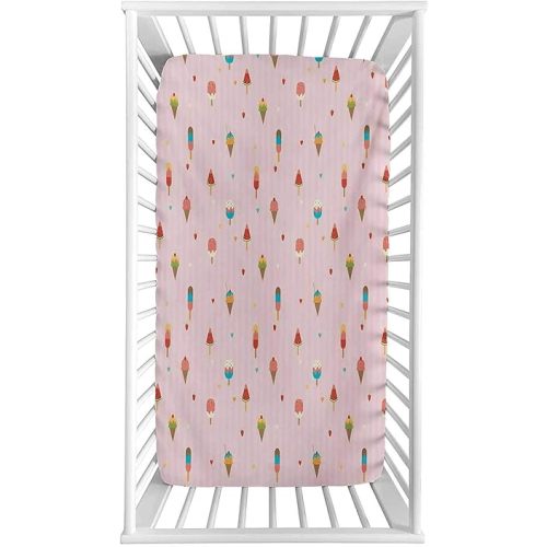Ice Cream Fitted Crib Sheet,Pastel Pink Striped Backdrop with Hearts Different Toppings on Sticks and Cones Microfiber Silky Soft Toddler Mattress Sheet Fitted,28"x 52"x 8'',Baby Sheet for Boys Girls