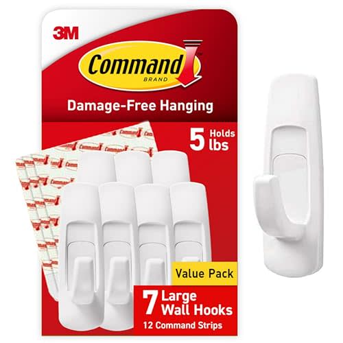 Command 5 lb Large Utility Hooks, 7 Wall Hooks and 12 Command Strips, Damage-Free Hanging with Adhesive Strips, No Tools for Hanging Christmas Decorations