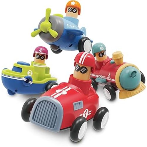 LiKee Toy Cars for Toddlers 1 2 3 4 Years Old Boy Girl, 4 Pcs Pull Back Cars for 18+ Months Baby Infant Gift, Kids Trucks Push and Go Back Friction Powered Vehicles (Transport)