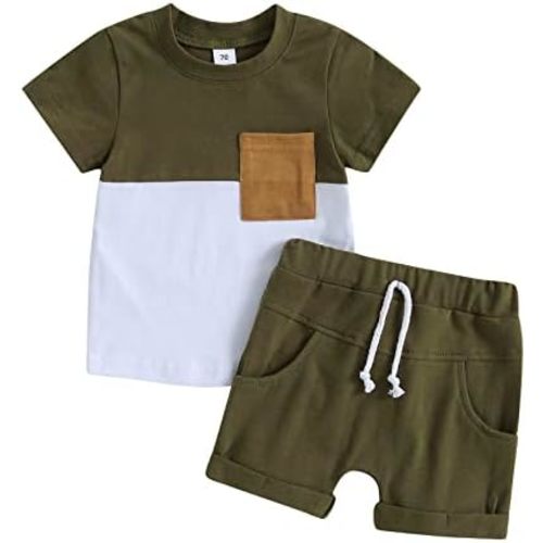 Rtnnsbbfcm Newborn Baby Boy Summer Clothes Short Sleeve Color Block Front Pocket T-Shirt Top Shorts 2Pcs Casual Outfit