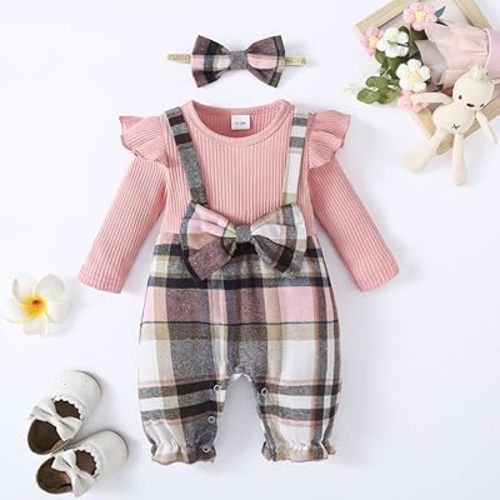Baby Girl Clothes Fall Winter Outfit Infant Girl Plaid Long Sleeve Ruffle Romper One Piece Jumpsuit with Headband