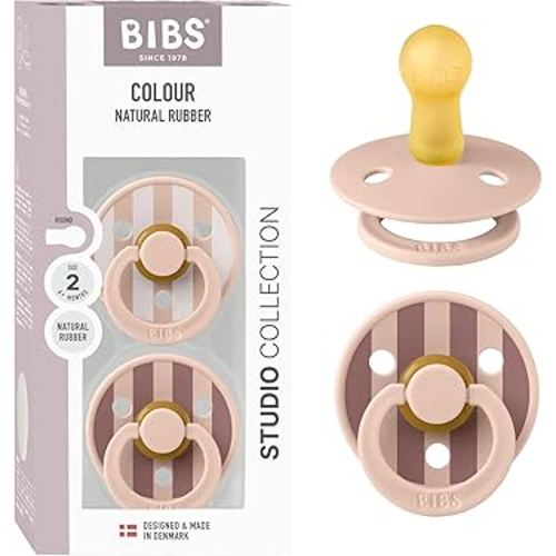 BIBS Pacifiers - Colour Studio 2 Pack | Round Nipple Baby Pacifier | BPA Free Natural Rubber Latex Soother | Made in Denmark | Size 6+ Months | Block Blush
