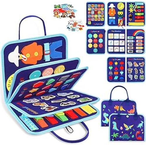 Busy Board Montessori Toys for 1 2 3 4 Year Old Boy and Girl Birthday, Sensory Toys for Toddlers 1-3,1-2, Traveling Activity Board Educational Toys, Learn Fine Motor Skills, Dinosaur