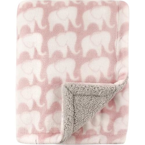 Hudson Baby Unisex Baby Plush Mink and Sherpa Blanket, Pink Elephant, One Size