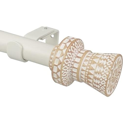 Modern Boho Style Single Curtain Rod Set with Round Carved Finial, 36-72 inch, Standard Single White Drapery Rod for 1 Pack, 1 inch diameter, Adjustable Length