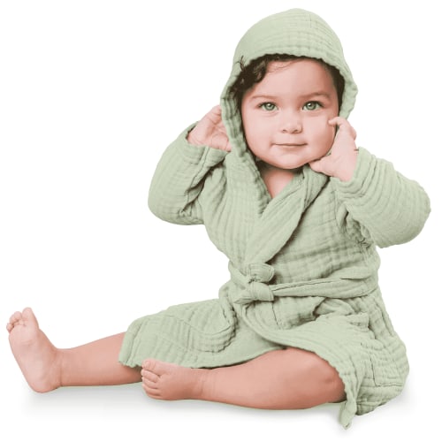Comfy Cubs Muslin Bath Robe for Kids, (Sage) 6-12 Months - 100% Cotton, 4-Layer Absorbent Fabric