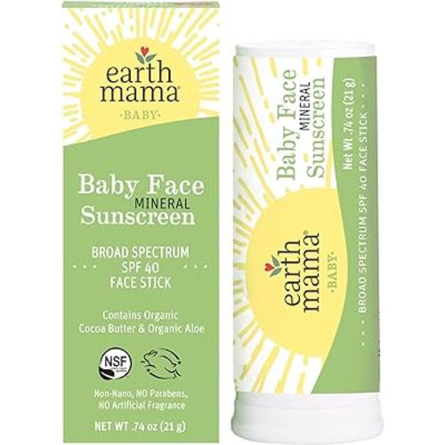 Earth Mama Baby Face Mineral Sunscreen Stick SPF 40 | Reef Safe, Non-Nano Zinc, Contains Organic Cocoa Butter & Aloe | Babies, Kids & Family 0.74-Ounce