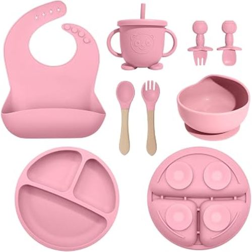 Silicone Baby Feeding Set 8 Pcs, Baby Led Weaning Supplies with Suction Plates & Bowls, Adjustable Bib, Baby Utensils Spoons and Forks, Sippy Cup, BPA-Free First Stage Eating Essentials (Pink)