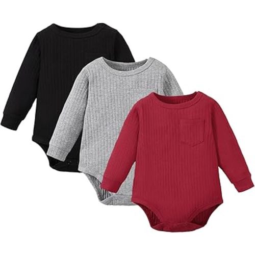 ROMPERINBOX Newborn Baby Boy Onsies 3 Pack Rib Knit Solid Color Long Sleeve Pocket Infant Bodysuit for Fall Winter **Black/Gray/Red Long Sleeve**