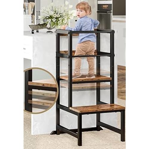 Kitchen Step Stool for Toddlers, Height Adjustable Toddler Tower with Safety Rail, Steel and Wood Toddler Kitchen Stool Helper Kids, Kitchen Stool for Kids, Learning Tower, Toddler Stool Brown
