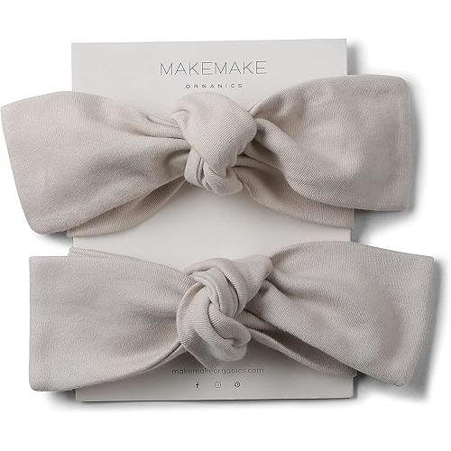 MakeMake Organics GOTS Organic Baby Headwarp Fashion Band Bow Tie Accessories for Toddler Girls Set of 2 (Fog Solid, Oat Solid, 6-12M)