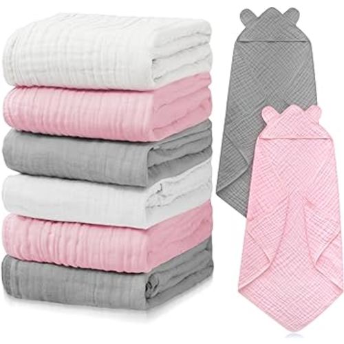 Preboun 6 Pcs Muslin Baby Bath Towel with Hood Cute Hooded Baby Towels Cotton Absorbent Baby Hooded Towel for Newborn Kids Girl Infant Boys Toddler Shower Gift Supplies (Grey,Pink,White)