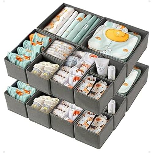 16 Pack Drawer Organizer for Baby Clothes, Nursery Drawer Organizer for Baby Diaper, Collapsible Deep Fabric Drawer Organizer with Zipper for Socks, Bra, Towels, Ties, Grey