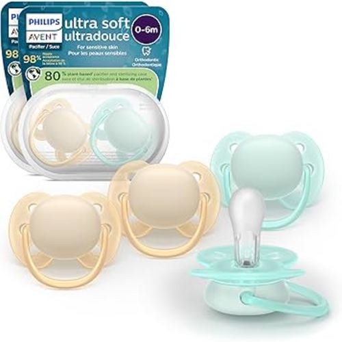 Philips Avent Ultra Soft Pacifiers - Orthodontic Design, for Babies 0-6 Months, Flexible Shield, Silicone Symmetrical Nipple, BPA-Free, 2 Sterilizing Cases, 4 Pack, SCF091/48