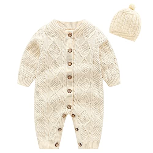 IADOER Baby Newborn Boy Knitted Sweater Romper Cotton Longsleeve Outfit with Kids Winter Warm Hats Set