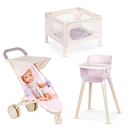 LullaBaby – 14-inch Realistic Baby Doll – Fair Skin Tone & Blue Eyes – Doll Playpen, High Chair & Jogger Stroller Set – Pretend Play – Toys For Kids Ages 2 & Up – Baby Doll & Nursery Playset