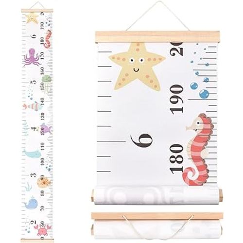 CREATCABIN Sea Animals Growth Chart Fabric Canvas Height Measurement Ruler Wood Frame Hanging Removable Cartoon Wall Rulers for Home Living Room Decoration Nursery Decor Gift 8.39 x 59 Inch